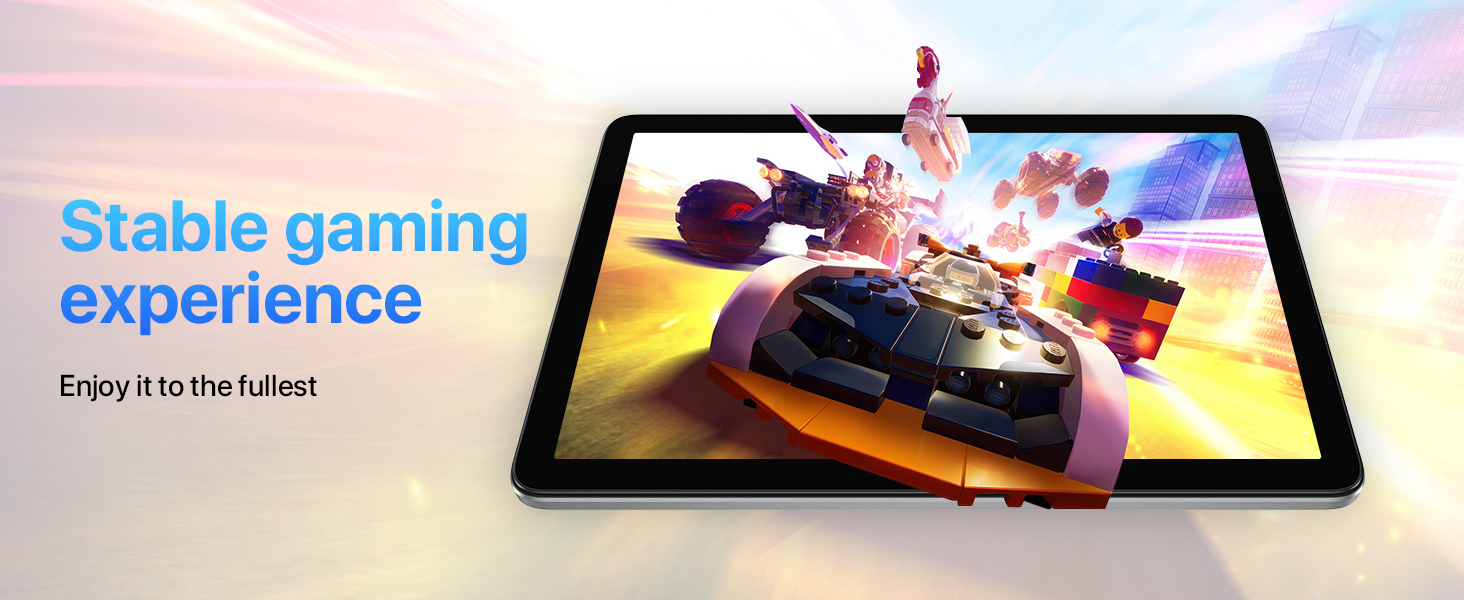 Tablet device displaying a colorful racing game. Text overlay reads 'Stable gaming experience' and 'Enjoy it to the fullest'.