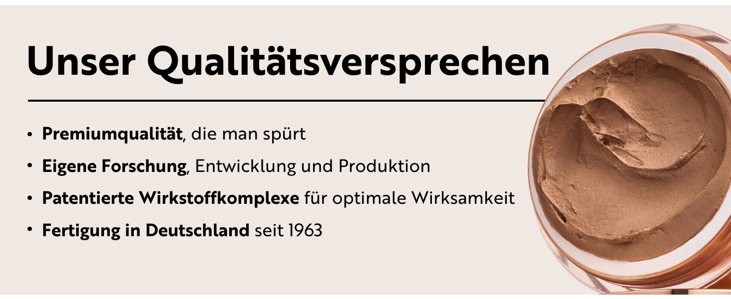 Braunes cremefarbenes oder pastöses Produkt mit deutschem Text, der seit 1963 Premium-Qualitätsversprechen und Herstellungsdetails beschreibt.