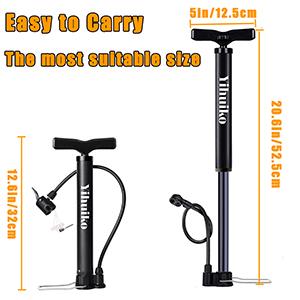 Portable bike pump with extendable handle. Compact design measures 31cm when folded, extends to 73.5cm. Features pressure gauge and flexible hose.