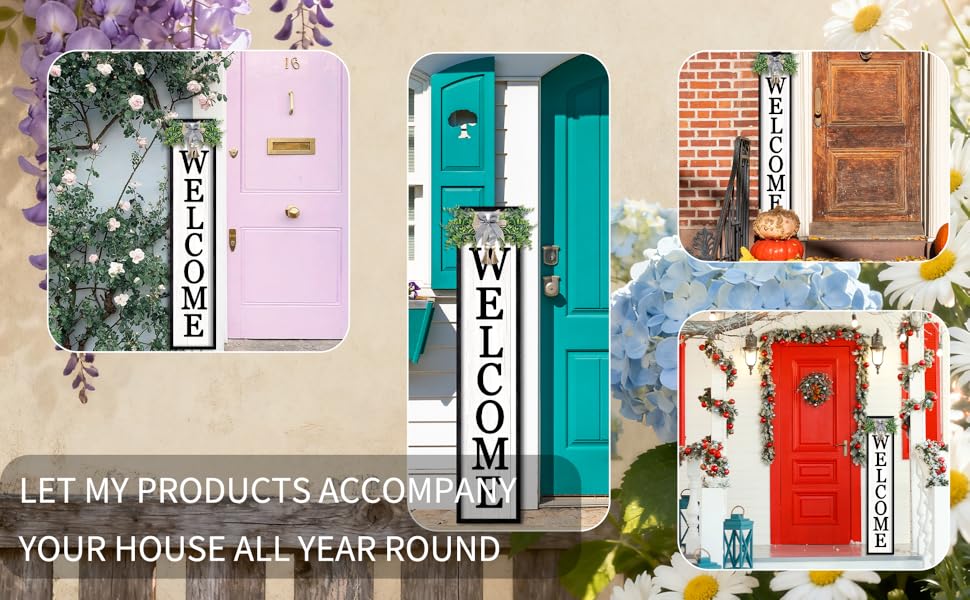 Four colorful doors with &#34;WELCOME&#34; signs, surrounded by seasonal decor and flowers.