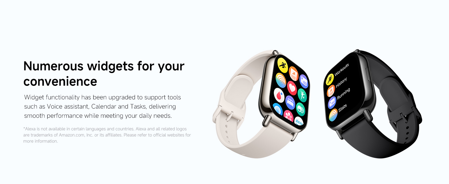 Text reads 'Numerous widgets for your convenience'. Product image showing smartwatch and device interfaces with colorful app icons.