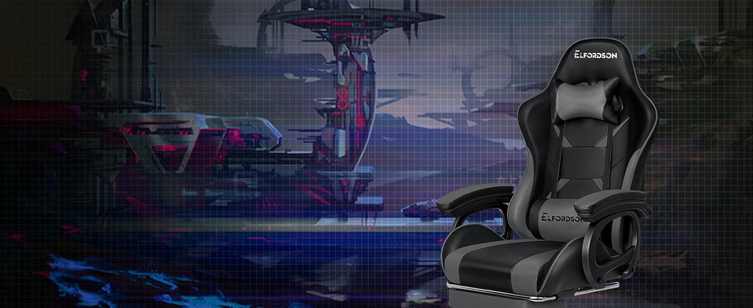 ELFORDSON Gaming Chair Lumbar Massage With Footrest, Grey & Black 12 3-1