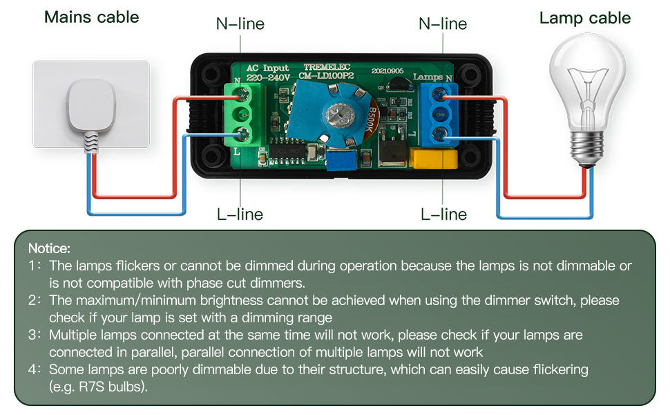 VIPMOON Inline LED Dimmer Switch 1 Gang 220V240V Trailing Edge Dimmer