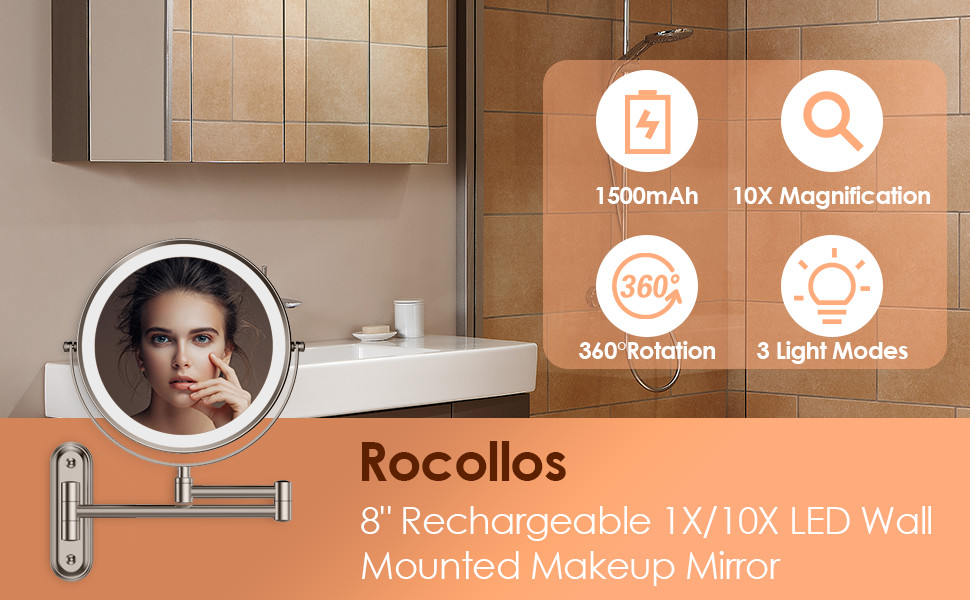 Rocollos Rechargeable Wall Mounted Lighted Makeup Mirror Chrome with 3