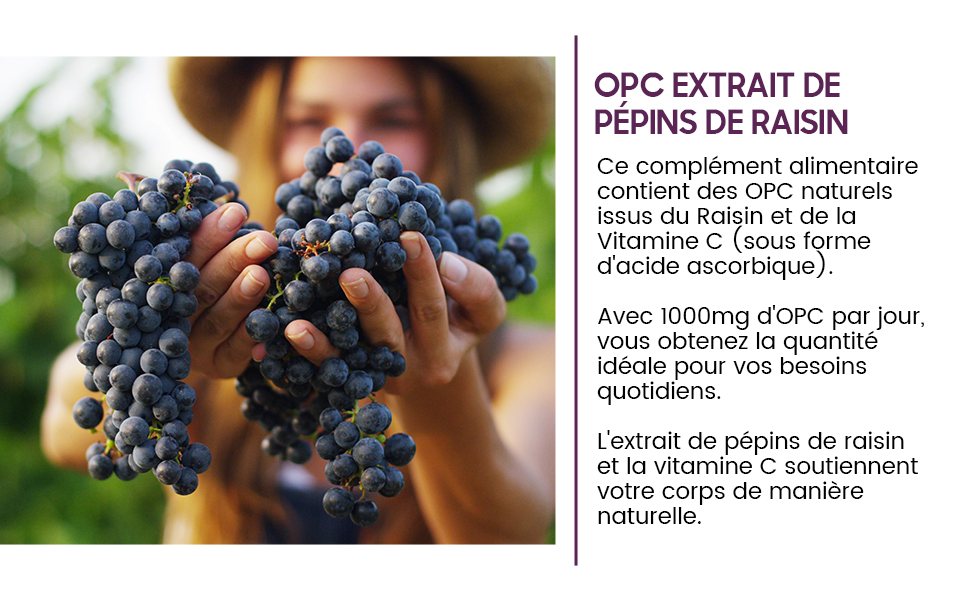 OPC Extrait de Pepins de Raisin 1052mg + Vitamine C 24mg par portion