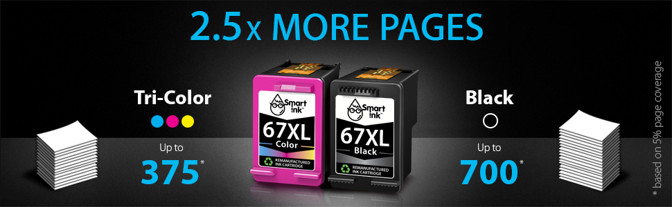 2.5x more pages with smart ink replacement for hp 67