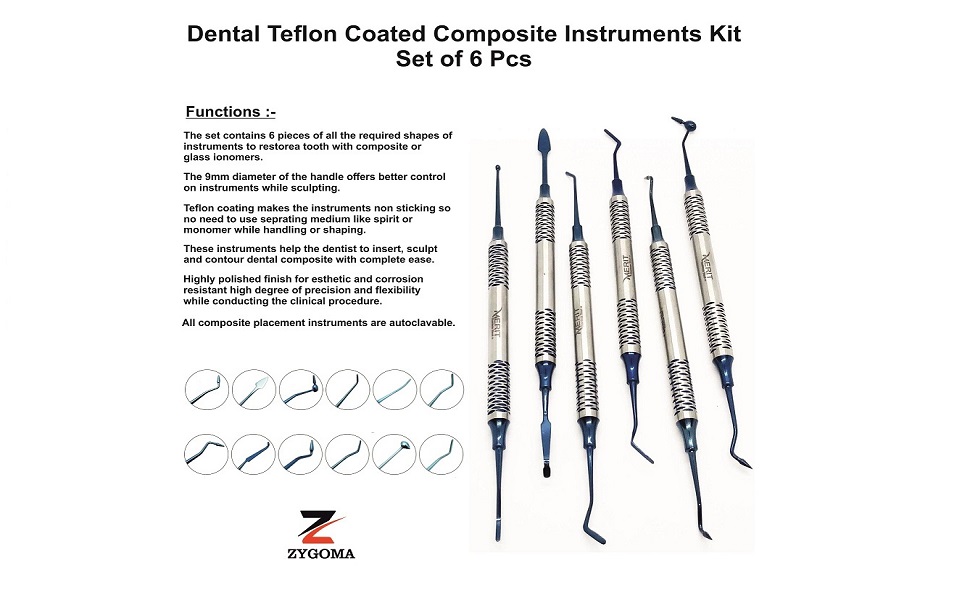 Zygoma Teflon Coated Composite Filling Instrument Kit (Set of 6), Blue