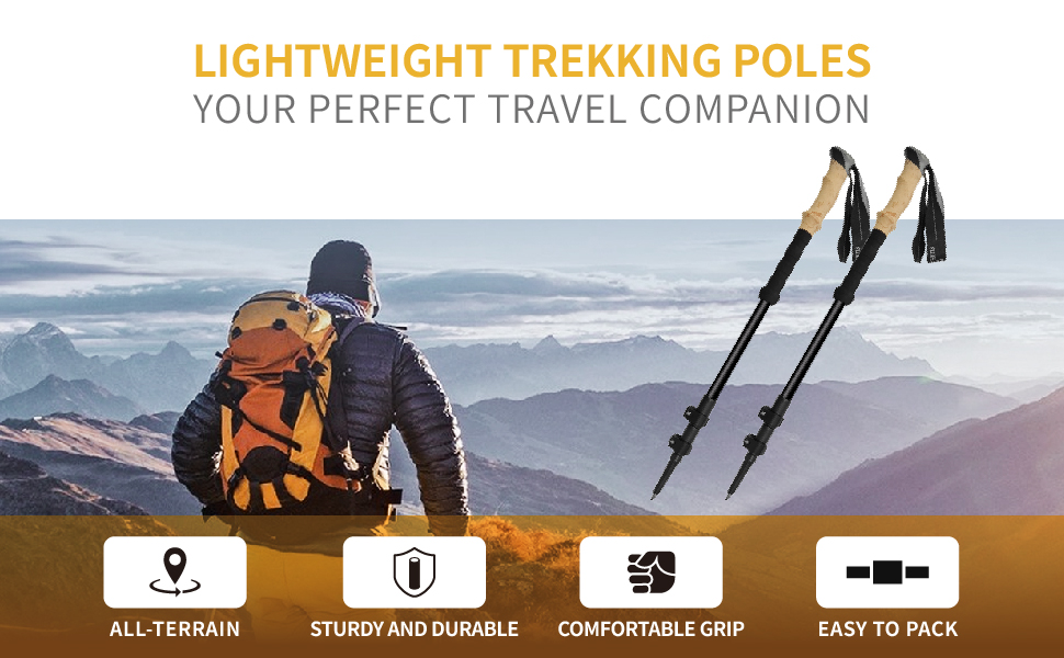Lightweight trekking poles with cork grip, all-terrain tips, aircraft aluminum, portable design
