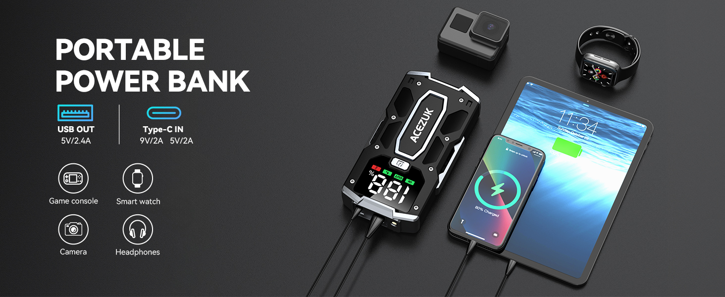 Portable power bank with digital display, multiple ports, and connected devices. Features include fast charging, wireless charging, and compatibility with various electronics shown.