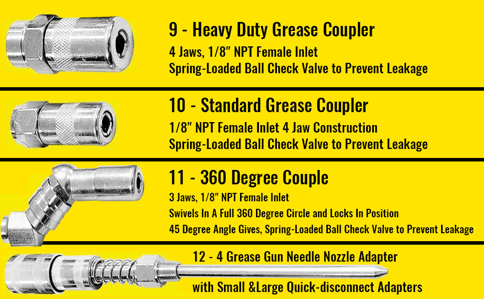 Grease Gun Accessory Set 12 Piece, Grease Coupler Kit and