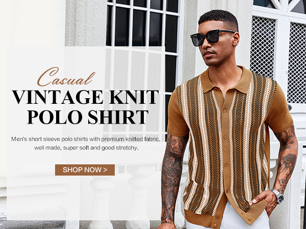Runcati Mens Knit Polo Shirts Vintage Casual Short Sleeve