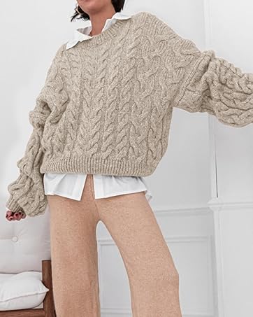 Womens Sweaters Spring 2025 Cable Knit Long Sleeve Crewneck Oversized Sweater Chunky Loose Outfits