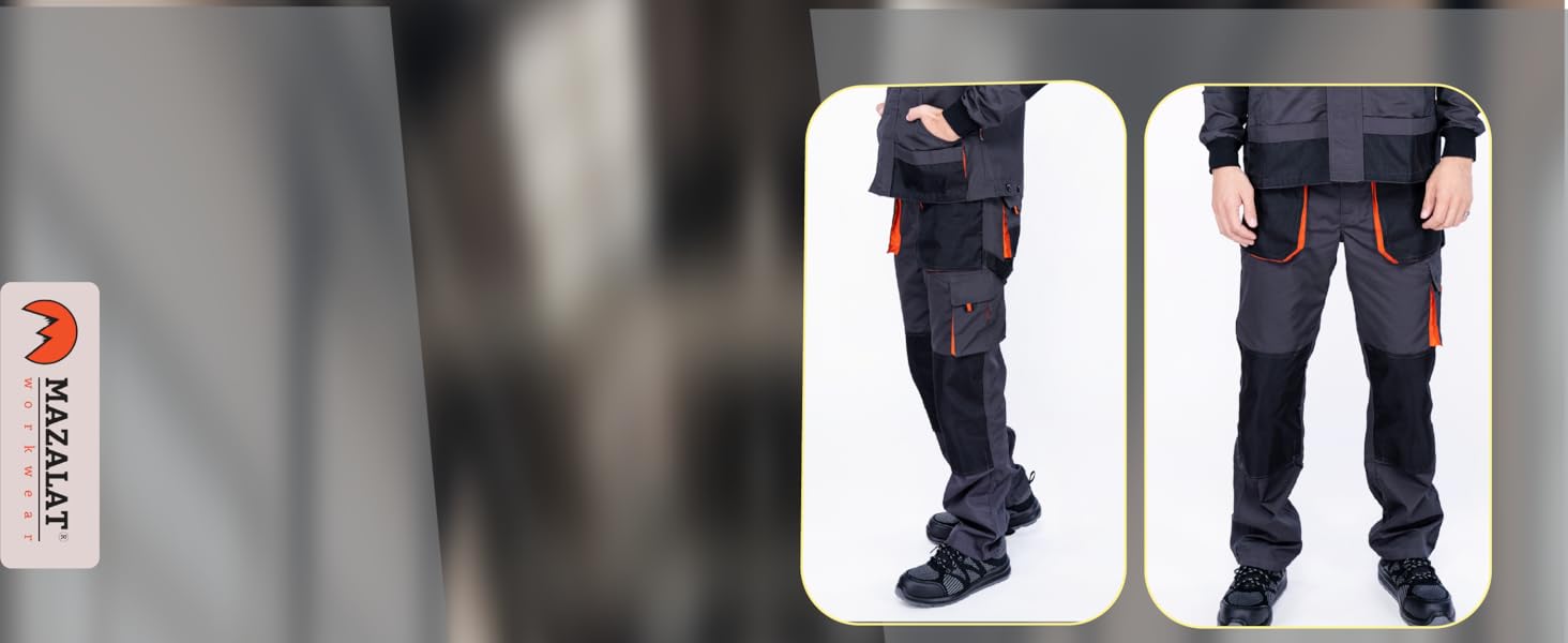 Varias vistas de pantalones de trabajo o pantalones de color azul oscuro que muestran diferentes ángulos y detalles de la confección y el ajuste de la prenda.