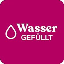 Magenta square icon with white water droplet symbol and text 'Wasser GEFÜLLT', indicating water-filled status in German.
