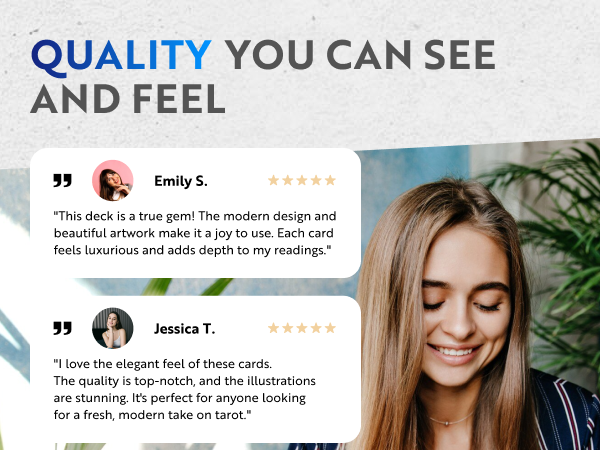 Customer testimonials praising the high quality, design, and feel of the tarot card deck