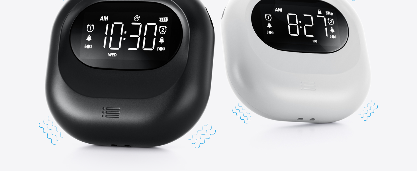 Mesqool Vibrating Alarm Clock showing dual alarm settings for weekdays and weekends.