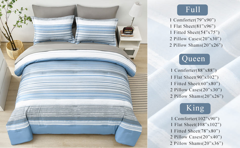 KAKIJUMN 7 Piece Bed in a Bag Stripe Comforter Set Full