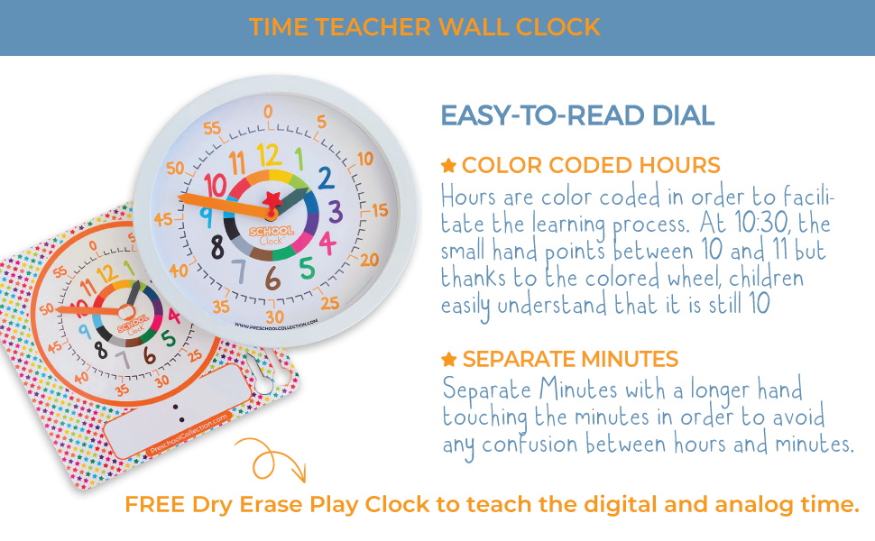 Time Teacher 12 Inch Educational Silent Wall Clock with Colored Numbers