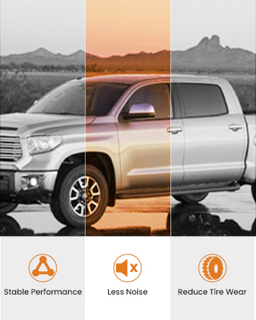 Text reads 'Stable Performance', 'Less Noise', 'Reduce Tire Wear'. Split panel images showing different angles of a silver pickup truck.