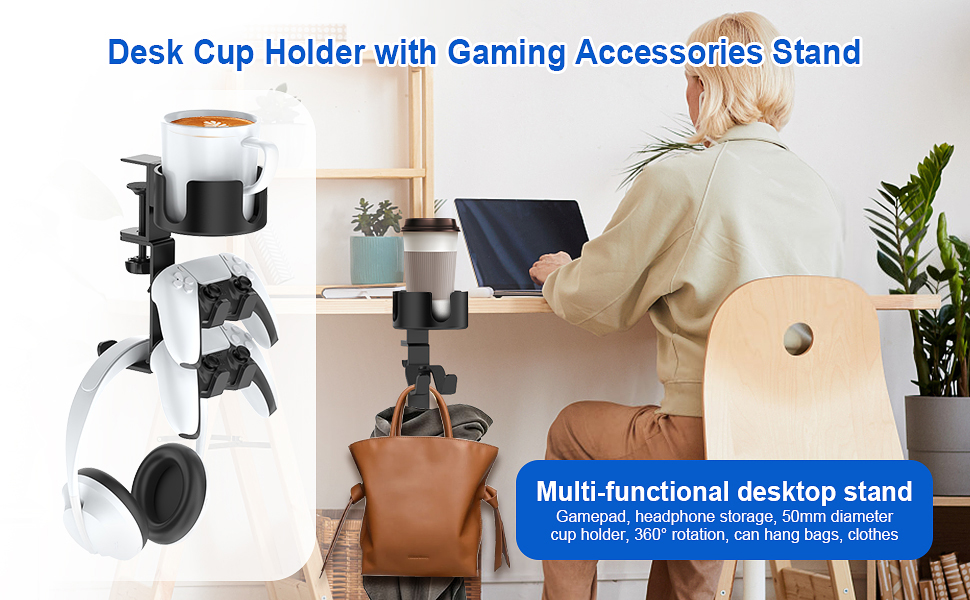 3 in 1 Rotatable Desk Cup Holder with Headphone Hanger