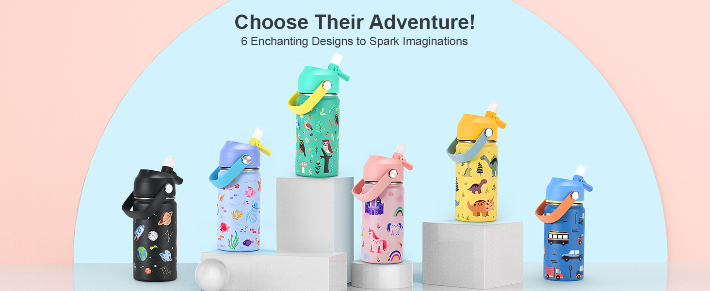 WixByti Kids Water Bottle 14oz with Silicone Straw Lid - Insulated Water Bottle Stainless Steel