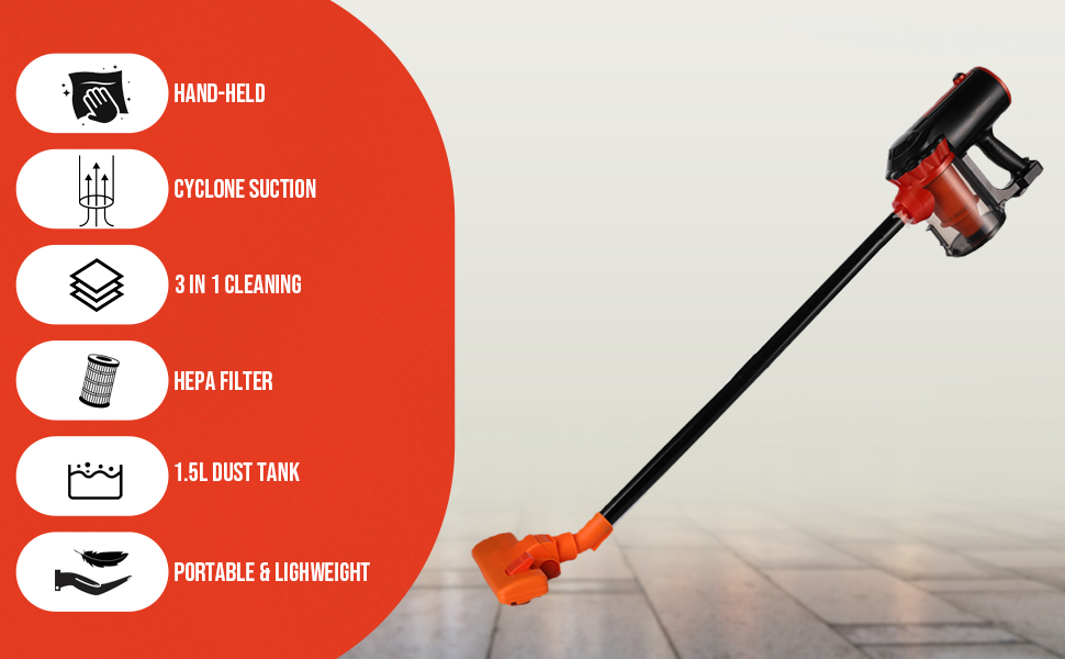 Cordless stick vacuum cleaner with orange and red design. Features list includes hand-held, cyclone suction, 3-in-1 cleaning, HEPA filter, dust tank, and lightweight portability.