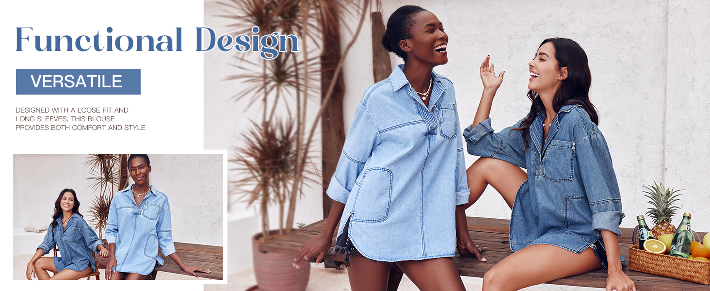 Women's Denim Pullover Casual Button V Neck Blouse Loose Fit Long Sleeve Jean Jacket with Pocket