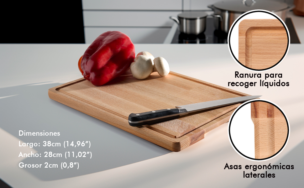 Tabla de cortar SNYGG 38x28 con ranuras y asas laterales ergonómicas