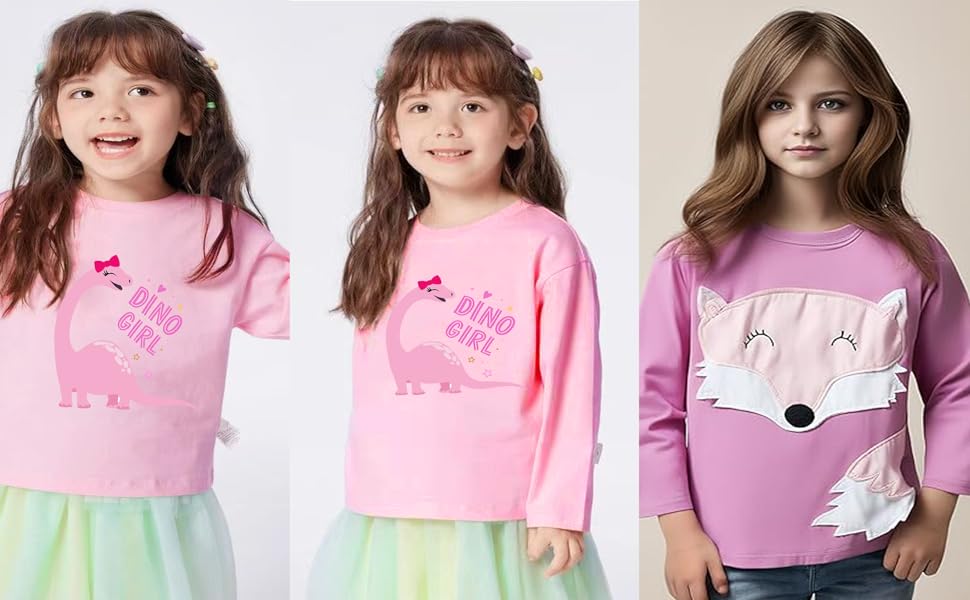 Girls Toddler Long Sleve T-shirts Kids Mermaid Dinosaur Cat Fox jolly Jellyfish Cotton Shirts