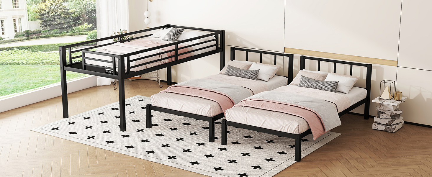 Heavy Duty Metal Triple Bunk Bed with Safety Fence