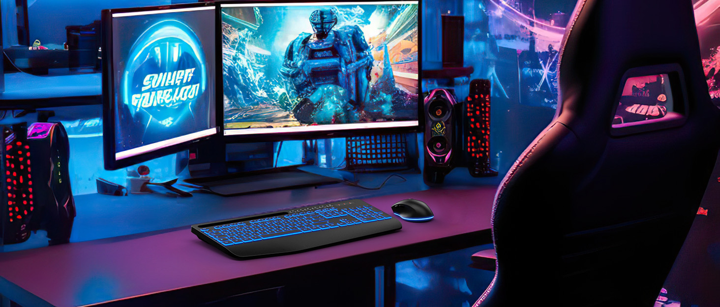 Gaming setup with dual monitors displaying colorful game scenes, RGB-lit keyboard, and gaming chair in a dark room with blue and purple ambient lighting.
