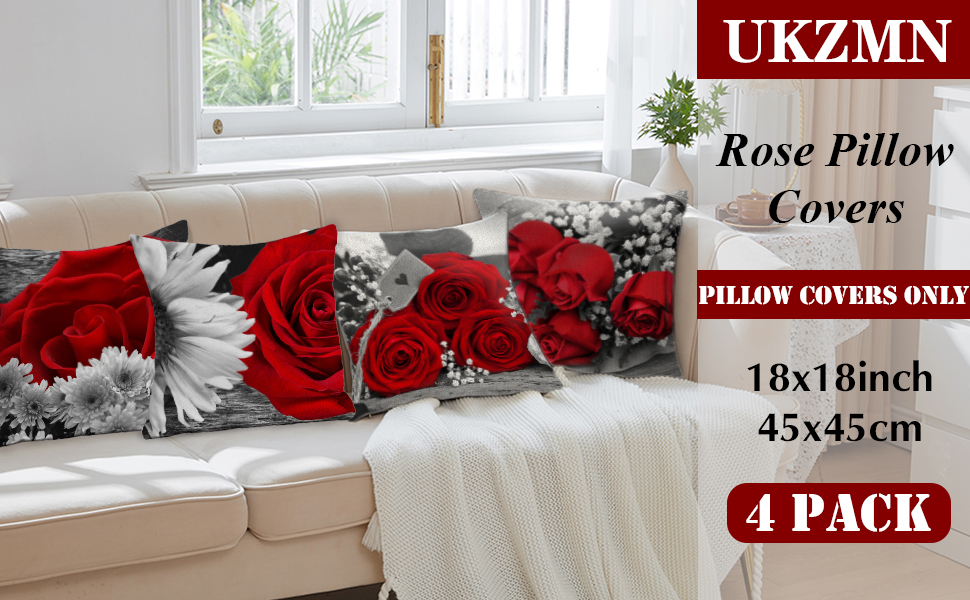 UKZMN Red Flower Throw Pillows Covers 18x18 Set of 4 Red