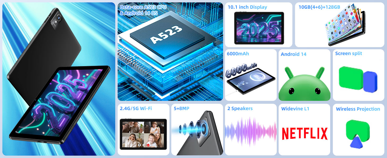 Text includes 'NETFLIX.' Collage of digital device screens showing various apps and media interfaces with blue lighting effects.