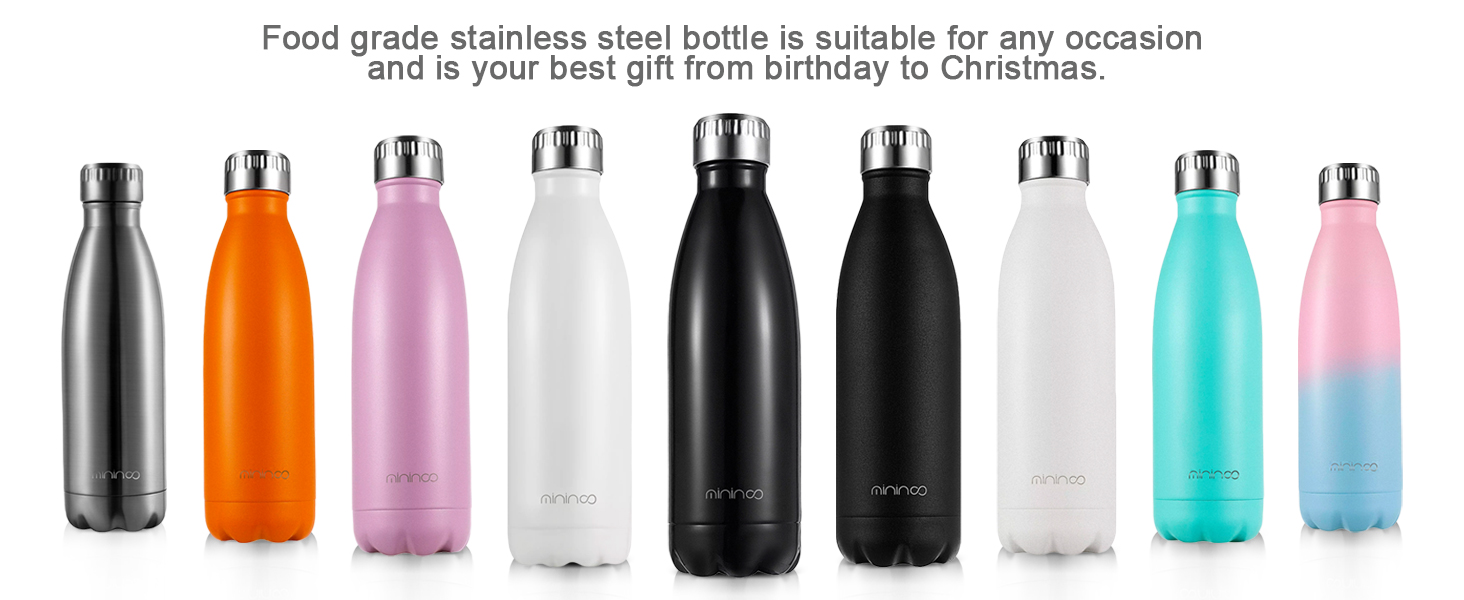 mininoo Stainless Steel Water Bottle, Double Walled Vacuum Insulated