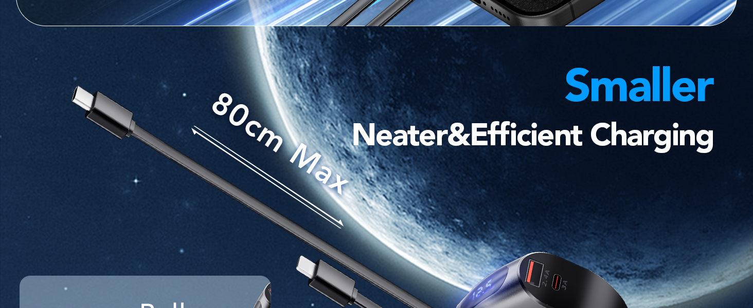 Diagram showing a cable for 'Smaller Neater&Efficient Charging' with '80cm Wire' text. Blue background with electric spark effect.