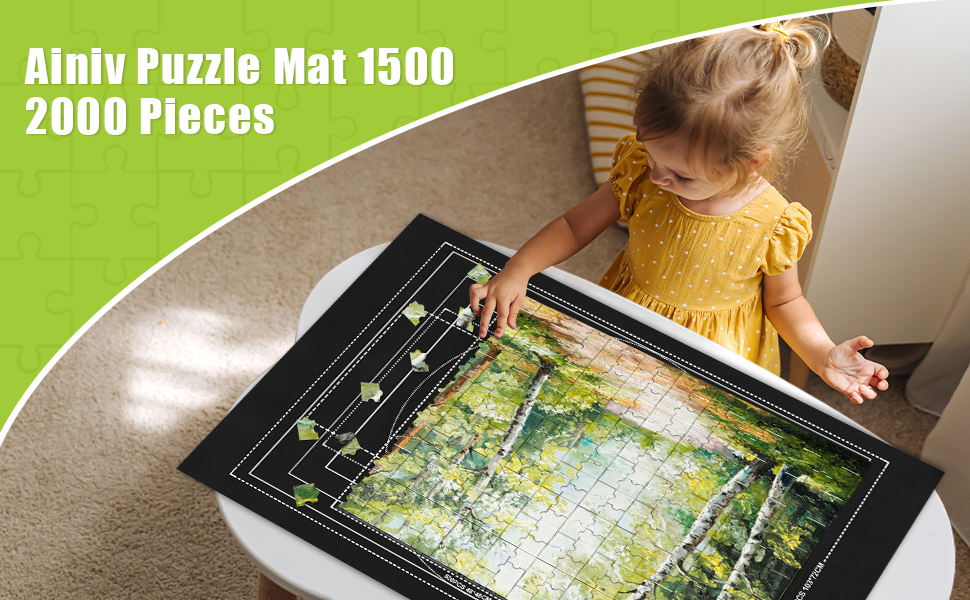 Ainiv Puzzle Mat 1500-2000 Pieces. Large jigsaw puzzle board with forest scene puzzle in progress. Child in yellow dress working on the puzzle.