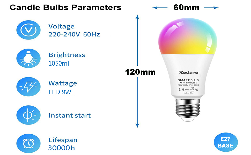 Redare E27 Alexa Smart Bulbs,Smart Light Bulbs,لمبة ذكية,RGB Wifi Light