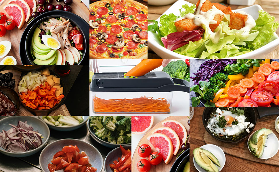 Collage of various healthy food items including salads, pizza, fruits, vegetables, and a kitchen appliance for food preparation. Showcases diverse meal options and ingredients.