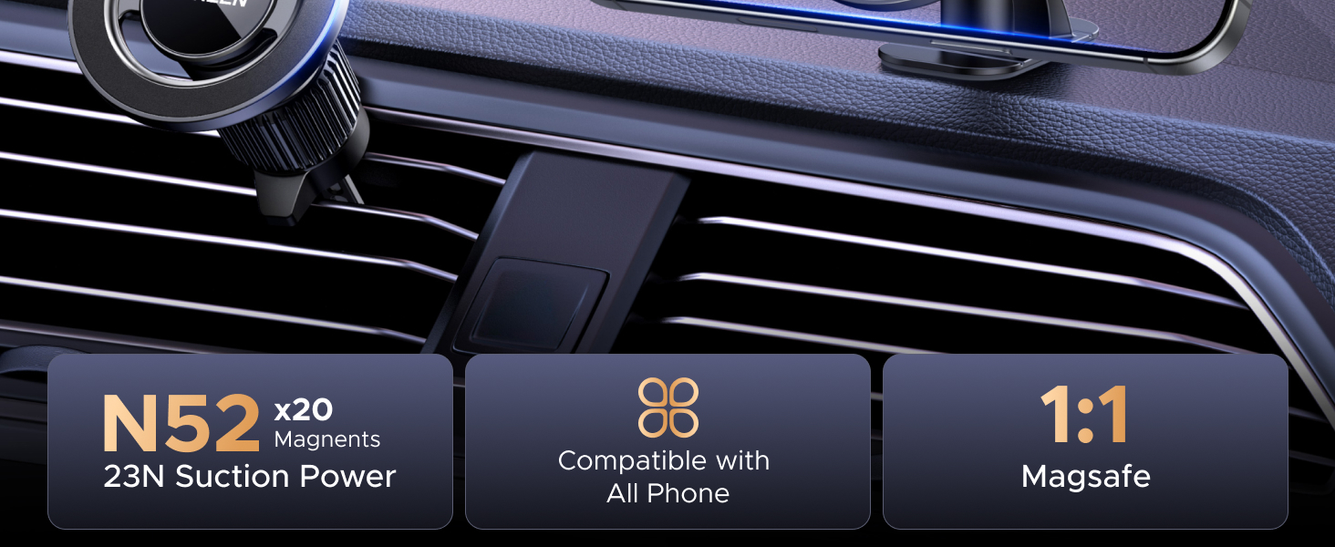 Text reads 'N52', '25M Suction Power', '1:1 Magnetic'. Car phone mount shown mounted on vehicle air vent with technical specifications displayed.