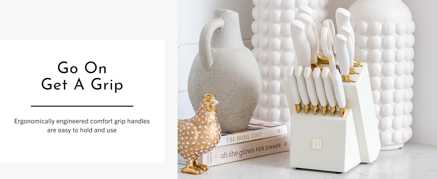 White and Gold Knife Set with Block Self Sharpening 14 PC Titanium