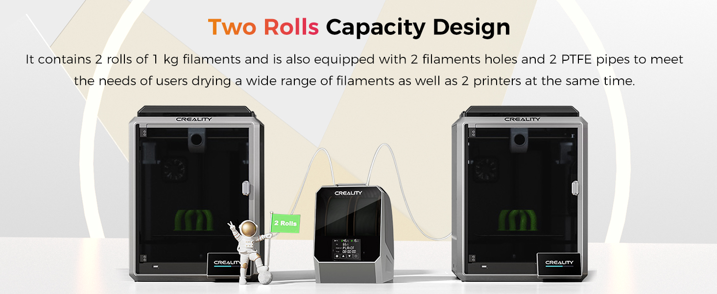 2025 New Creality Space PI Filament Dryer Plus Christmas Gifts, Dual-Spool 3D Printing Filament Dryer Box, Adjustable Temp 45℃-70℃, 360° Hot-Air & Real-Time Humidity Monitor, 12 Filament Presets 13 two roll filament dryer box