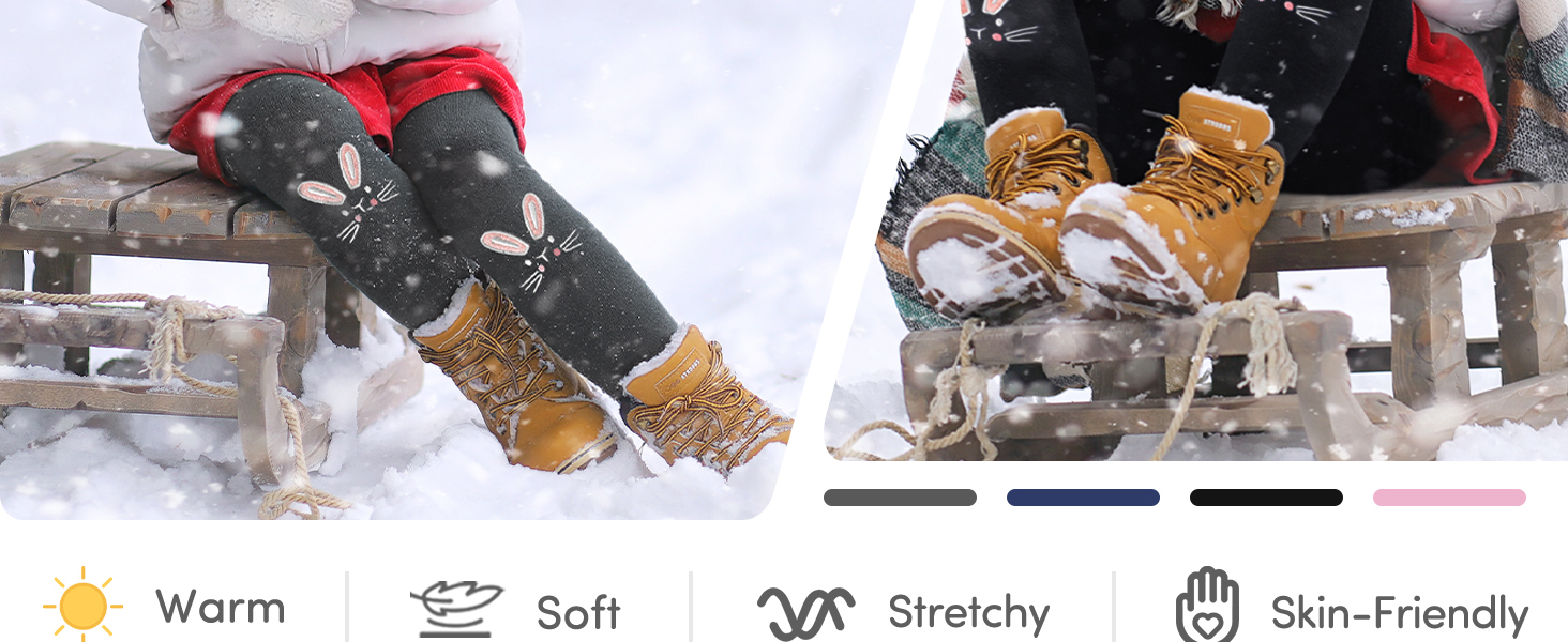Winterstiefel im Schnee mit Symbolen unten, die auf die Produkteigenschaften hinweisen: warm, weich, dehnbar und hautfreundlich