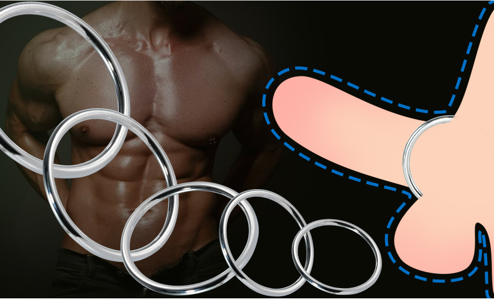 Satz von Metallringen mit Graduierung aus Silber, in absteigender Reihenfolge angeordnet, mit einem Diagramm, das die Ringmaße auf der rechten Seite zeigt