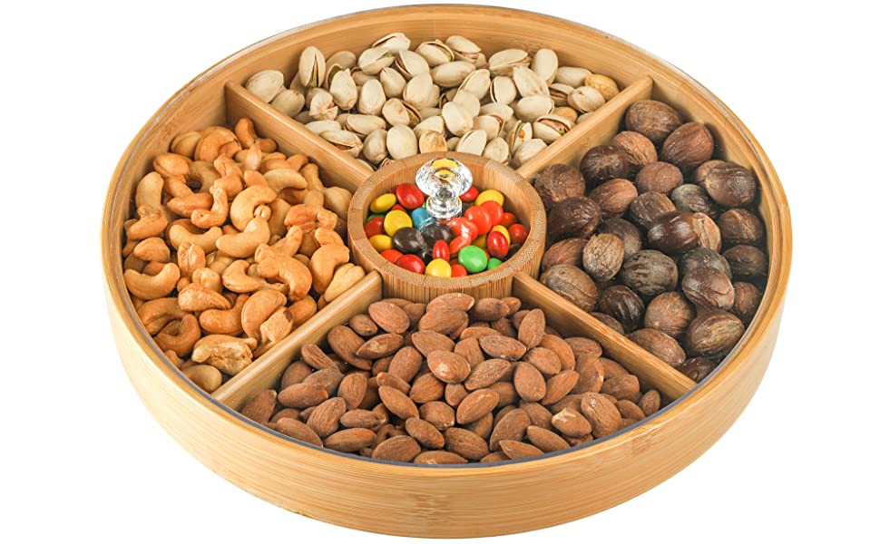 Bamboo Nuts Storage Platter Tray, Food Serving Tray with 5 Dining Grids