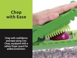 Easy and safe to use veggie chopper with finger guard.