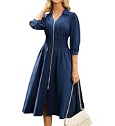 GRACE KARIN Womens Fall Casual Dress 2025 Collared V Neck 3/4 Sleeve Zipper Front Midi Work Dress...
