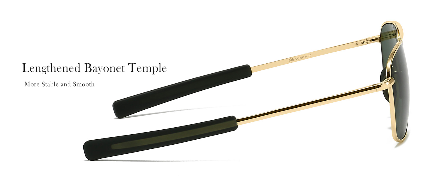 Text reads 'Lengthened Bayonet Temple'. Black and gold sunglasses temple piece shown in detail against white background.