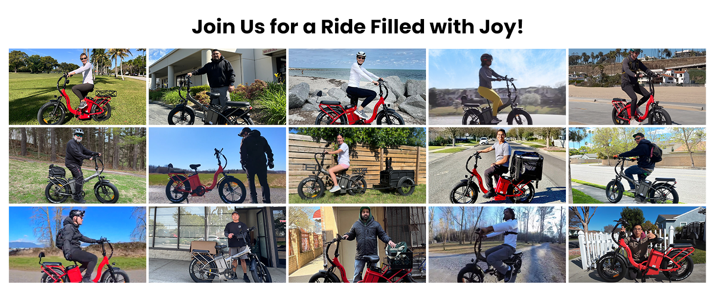 El texto dice «¡Únete a nosotros para un viaje lleno de alegría!» Serie de fotos en bicicleta que muestran a varias bicicletas y ciclistas al aire libre, dispuestas en franjas horizontales.