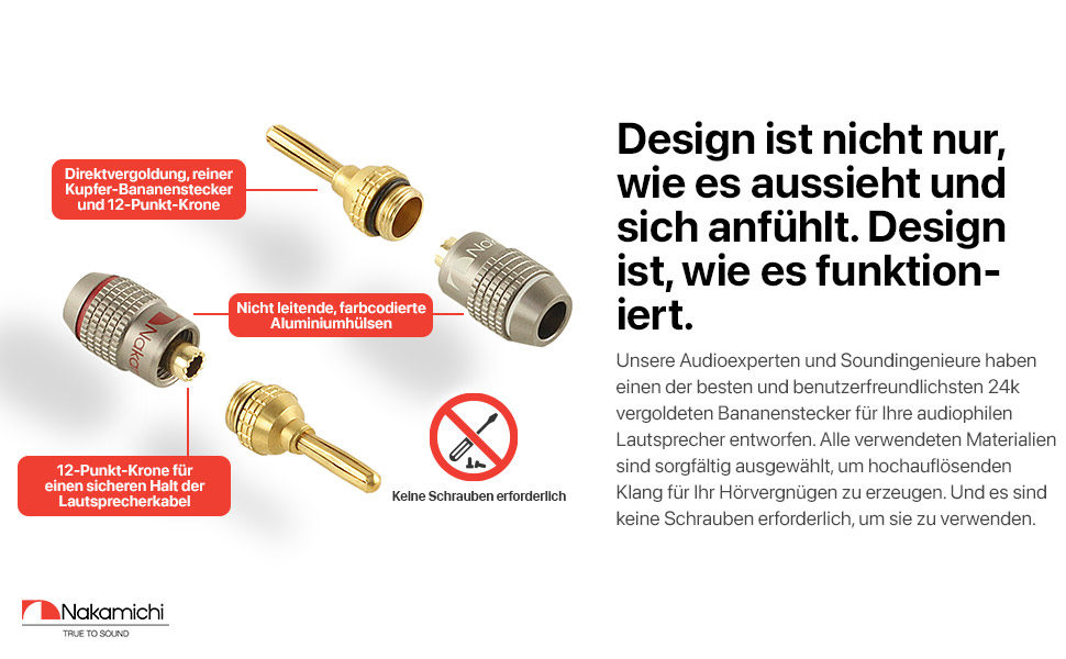 Connettori A Banana Nakamichi Placcati Oro 24k - 4 Pezzi Per Altoparlanti Hi-Fi, 10-18 AWG