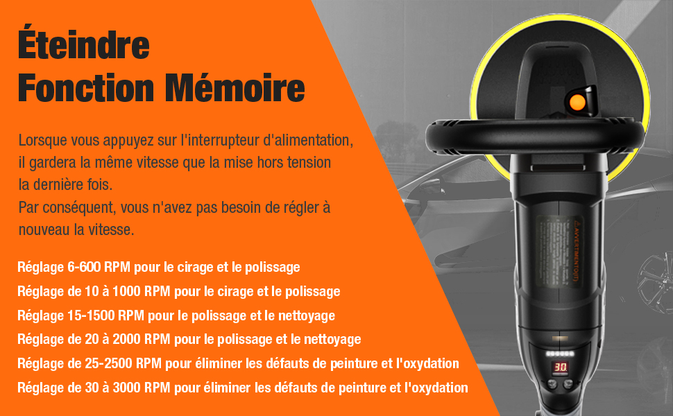 ENGINDOT Gener PPGJ01A Polisseuse Pour Voiture, 1500 W, à Six Vitesses Variables, 600-3000 RPM, écran LCD, Tampon Remplaçable, 150 Mm, 180 Mm, Interrupteur De Verrouillage, Poignée Amovible - PPGJ01A 12 9